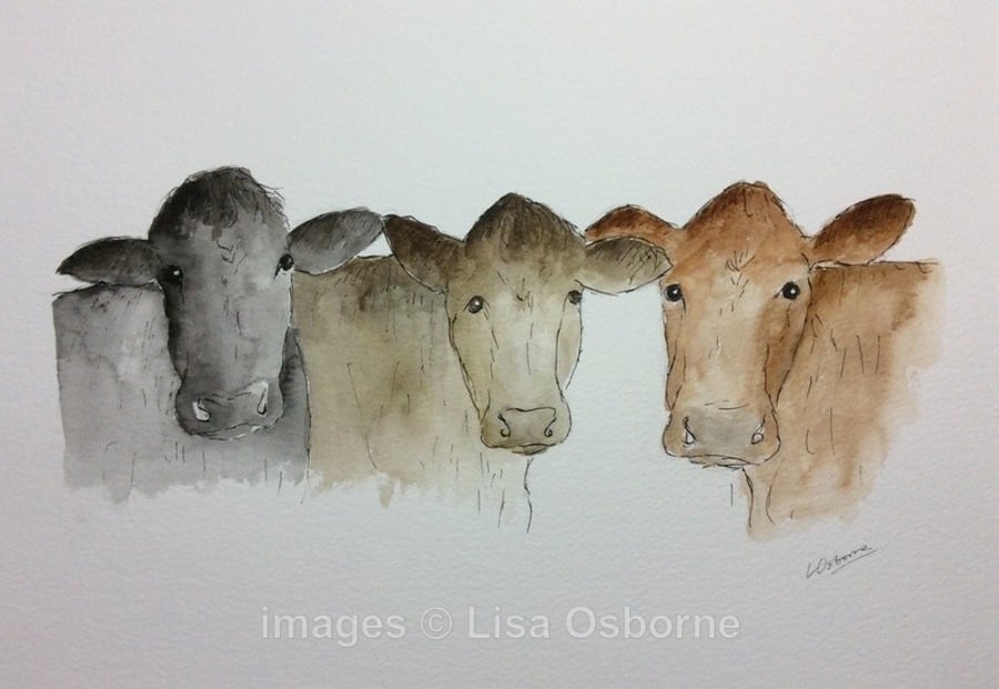 Waiting for dinner - print from watercolour of cows. Farm animals.