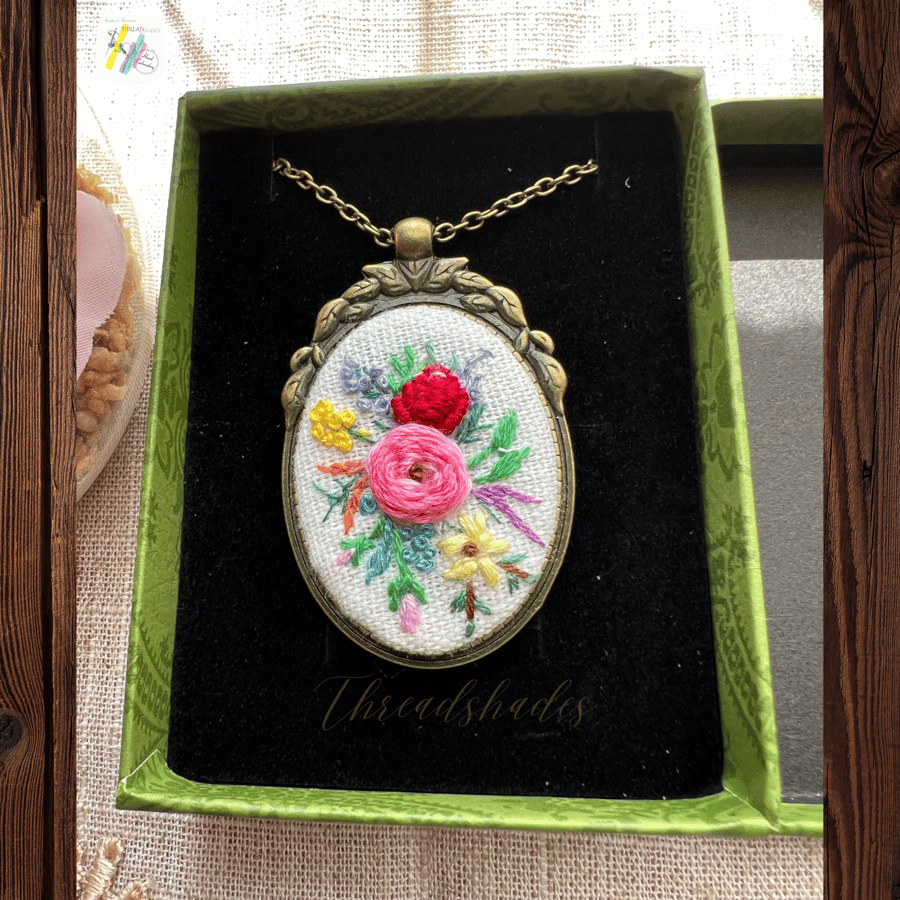 Hand embroidered pendant necklace, Antique bronze, Gift for her, Handmade gift 