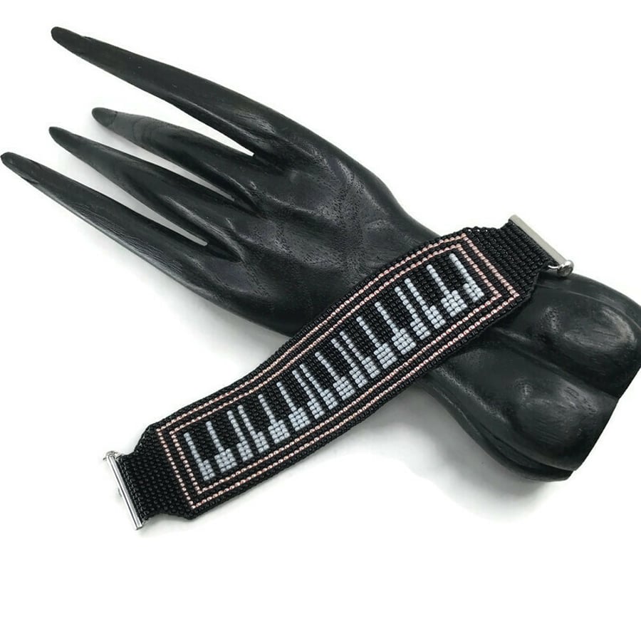 Fascinating Rhythm - Pink Art Deco Piano Bead Loom Cuff Bracelet 925 Silver