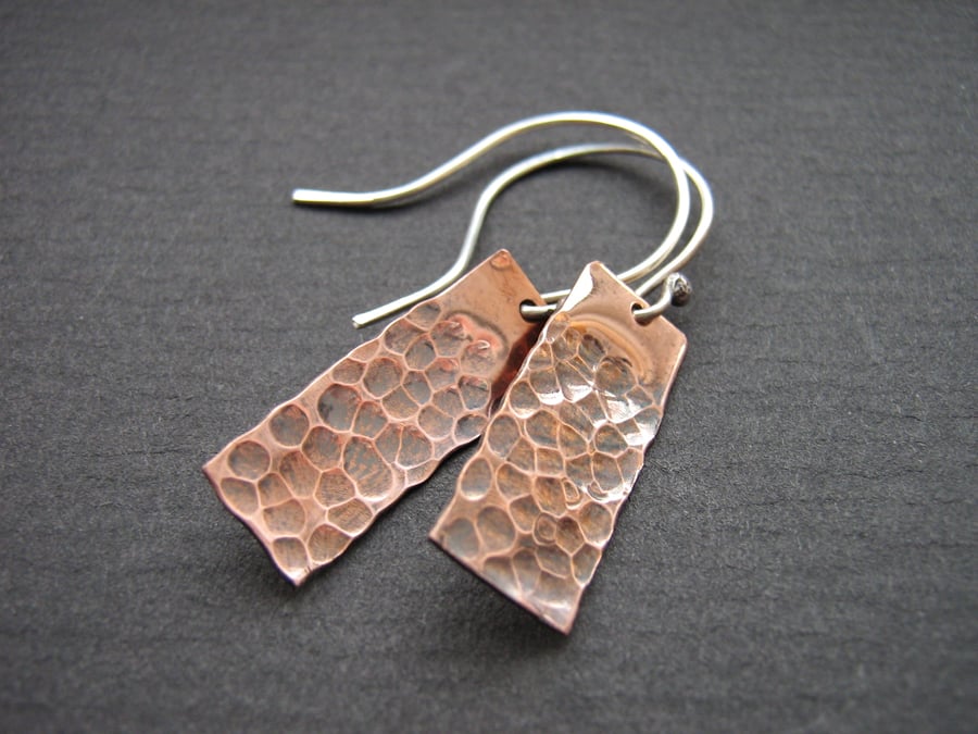 Hammered copper and silver earrings