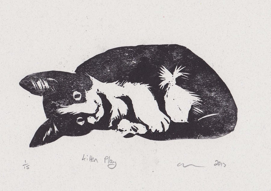 Kitten Play Limited Edition Hand-Pulled Linocut Print Cat