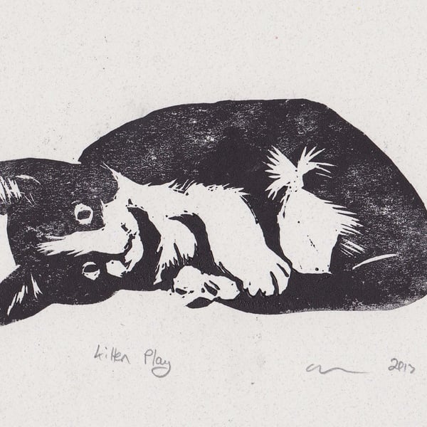 Kitten Play Limited Edition Hand-Pulled Linocut Print Cat