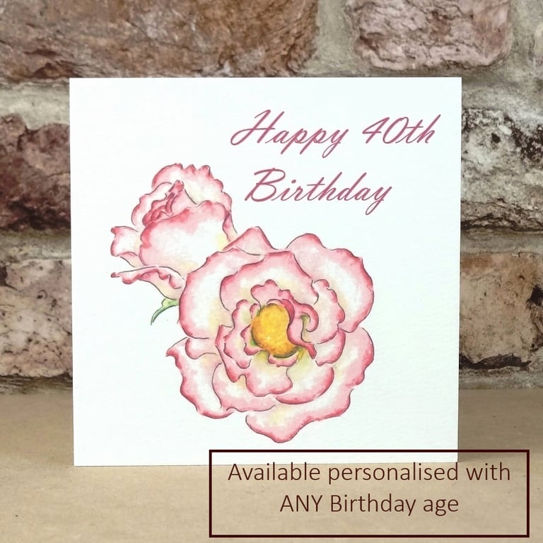 Birthday Card Pink Rose - Personalised with any age