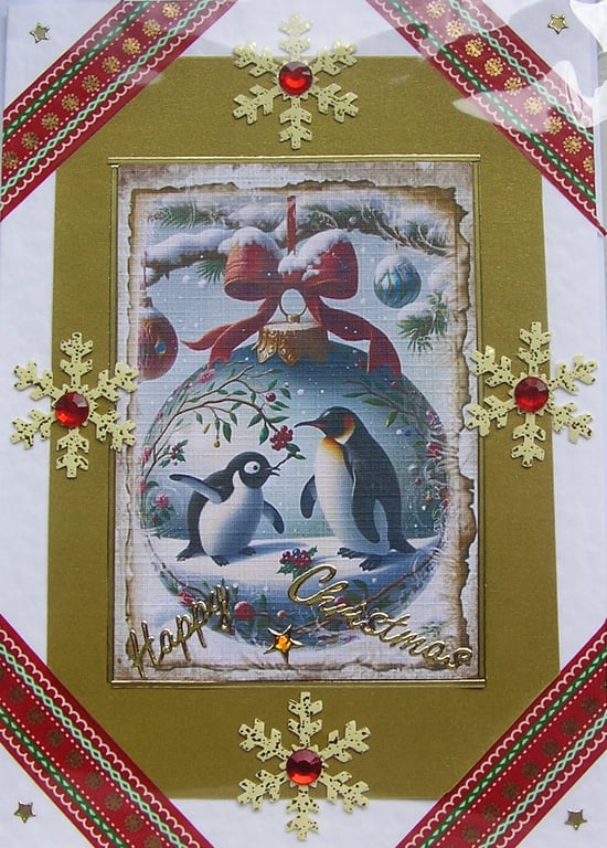 Hand Crafted Decoupage Chistmas Card - Happy Christmas (2980) Penguin Chicks