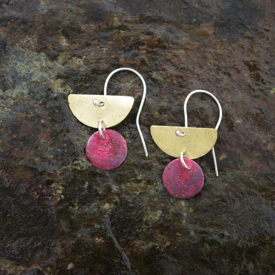 Brass Half Moon Dangle Earrings with Red Circle