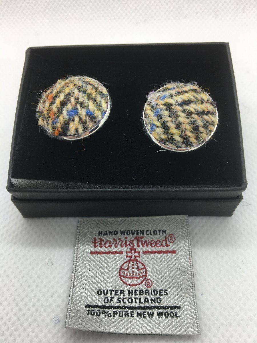 Brown and Fawn herringbone Harris tweed cufflinks, Hand made gift , 