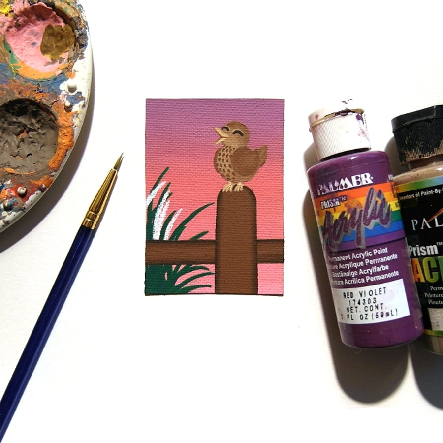 Bird Singing at Dawn Original Acrylic ACEO - small painting of songbird