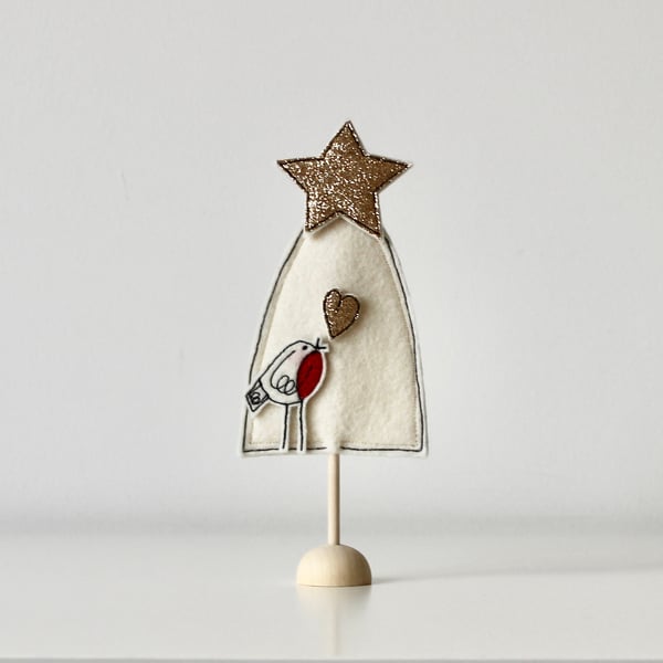 'Christmas Tree with a Gold Glittery Star, Robin and Heart'