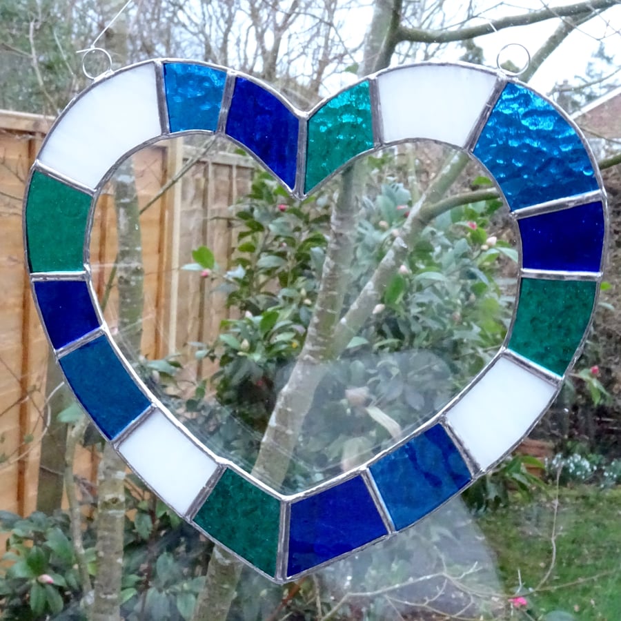 Stained Glass Open Heart Suncatcher Handmade Hanging Decoration - Blue  