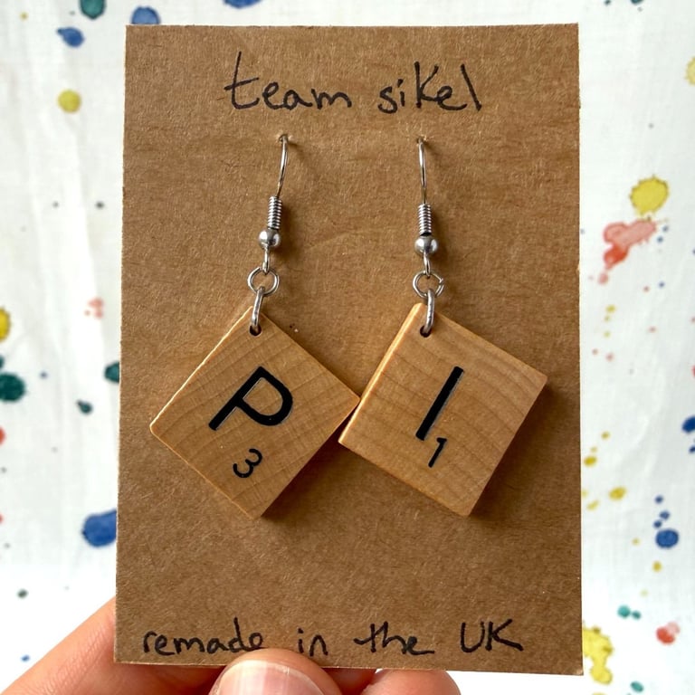 Scrabble 'PI' Earrings with Surgical Steel Hooks - Old Stock - Super Seconds