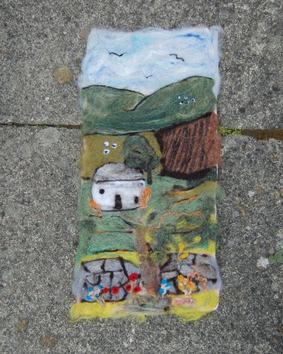  Needle felt picture Barn in Yorkshire dales landscape - Textile Art 23 x 49 cm
