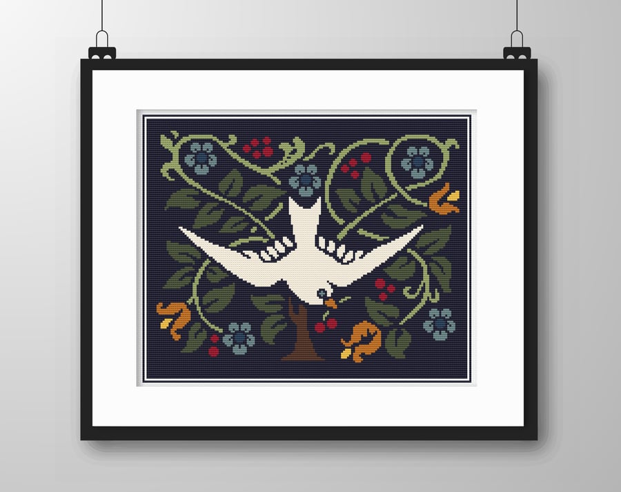 095A Cross Stitch Swallow Bird in Tree with Flowers Arts and Crafts Art Nouveau 