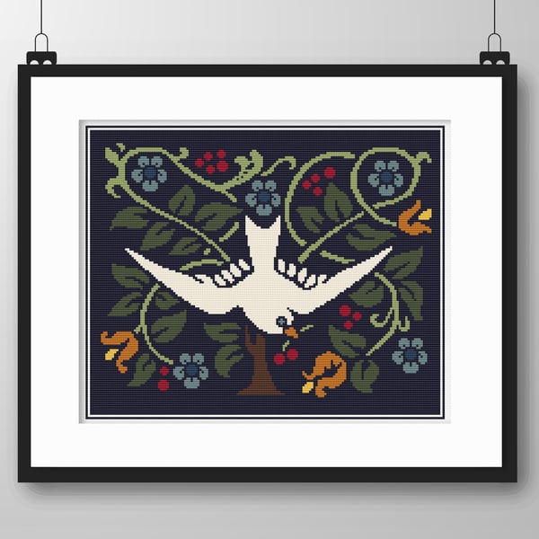 095A Cross Stitch Swallow Bird in Tree with Flowers Arts and Crafts Art Nouveau 