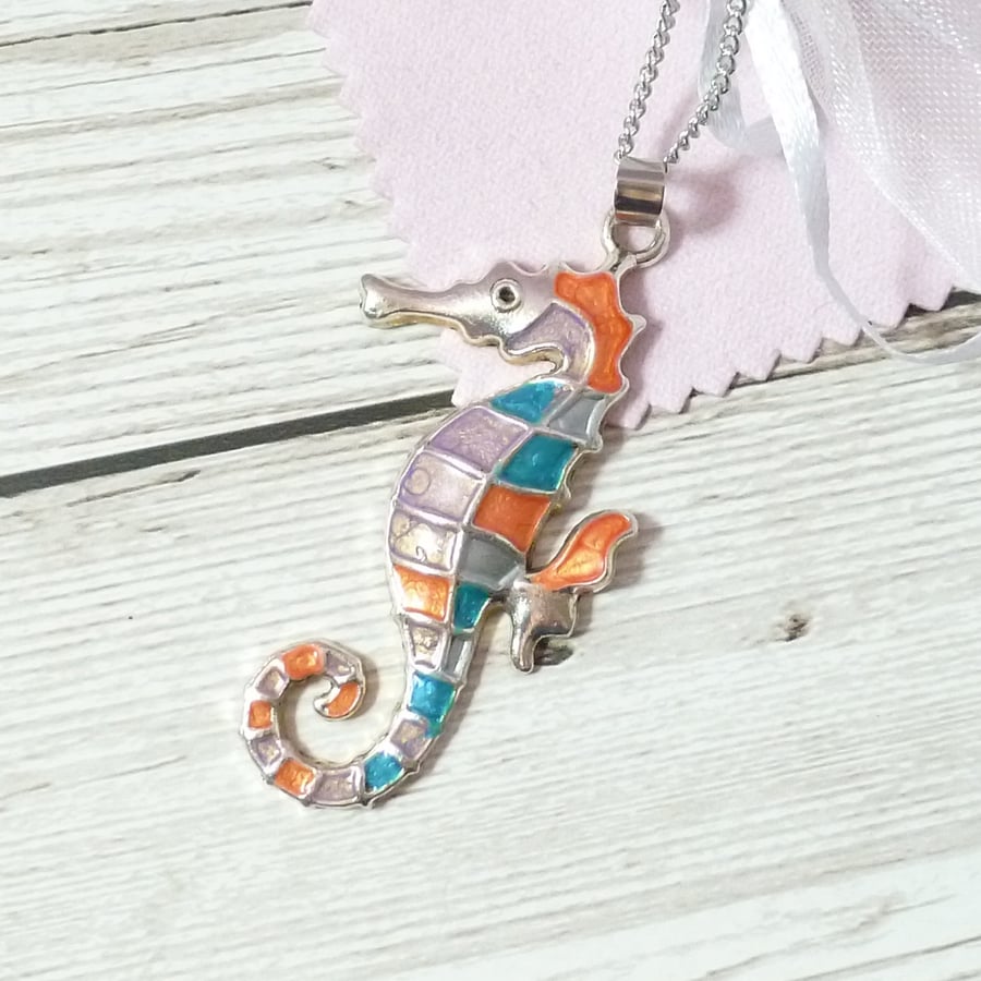 Seahorse pendant in lilac, blue and vermillion, unusual seahorse necklace  