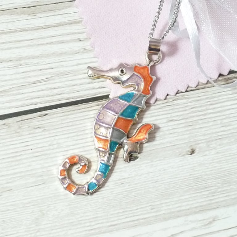 Seahorse pendant in lilac, blue and vermillion, unusual seahorse necklace  