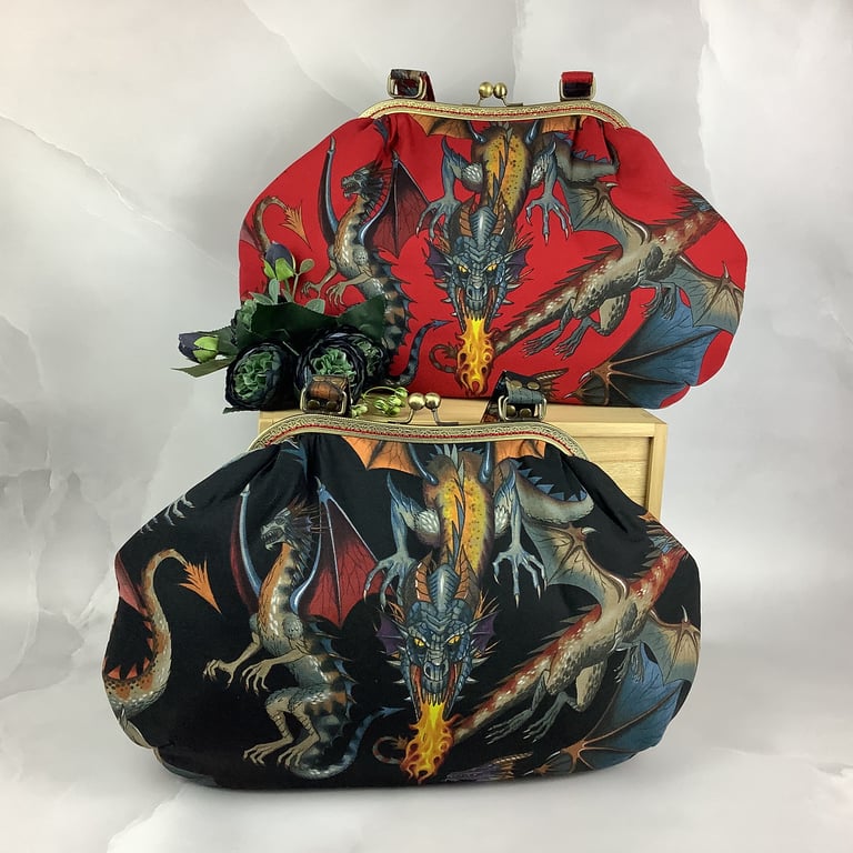 Dragon large shoulder bag, Kiss lock frame bag, Handmade