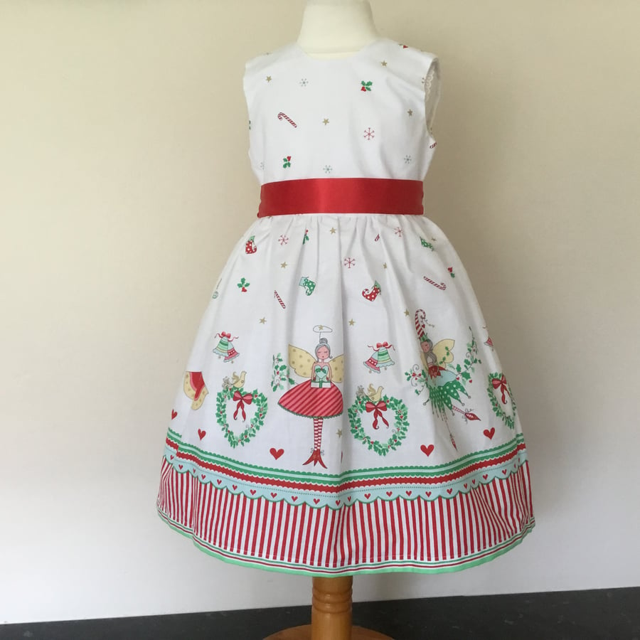 Girls Christmas Party Dress, white dress with Christmas  fairies age 3 years 