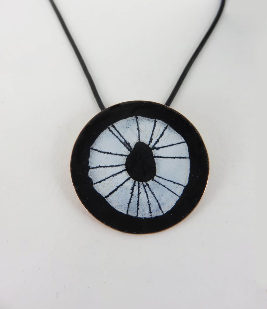 Round Copper and Enamel Pendant with Hand Drawn Detail.