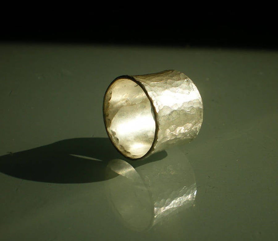 Large hammered silver band, wide sterling silver textured rustic ring 12mm wide,