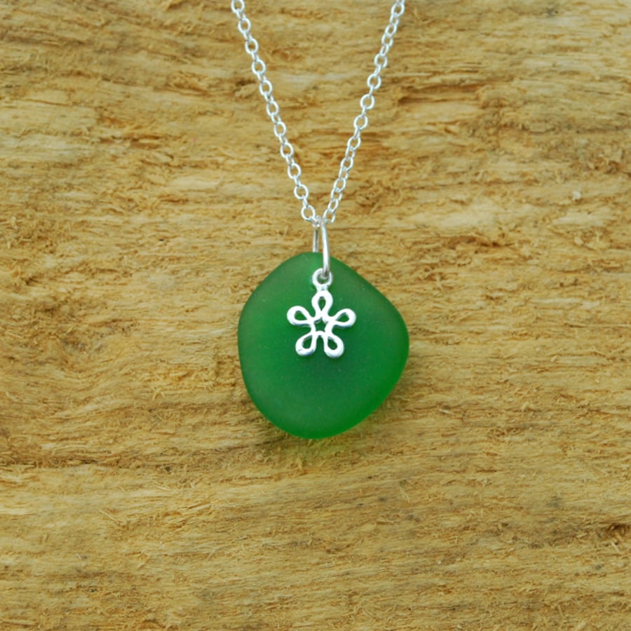 Little flower green beach glass pendant