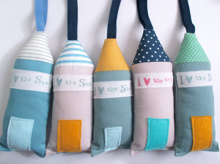 I Love the Sea - Hanging Fabric Beach Hut with Hand Printed words
