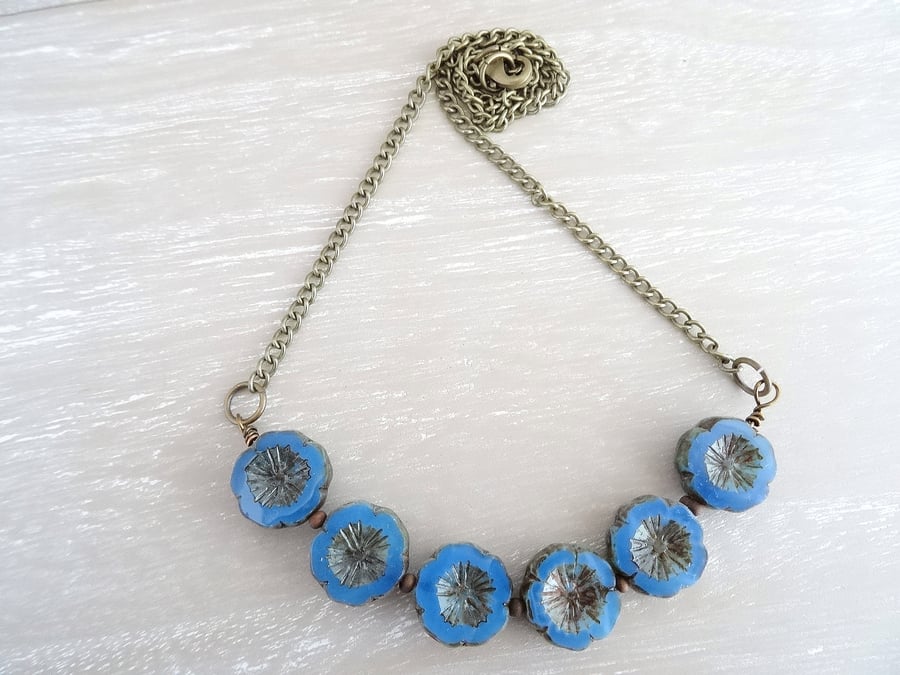 Czech Glass Flower Necklace, Cornflower Blue Necklace, Chain Necklace,Flower Nec