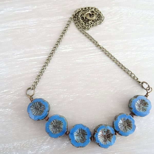 Czech Glass Flower Necklace, Cornflower Blue Necklace, Chain Necklace,Flower Nec