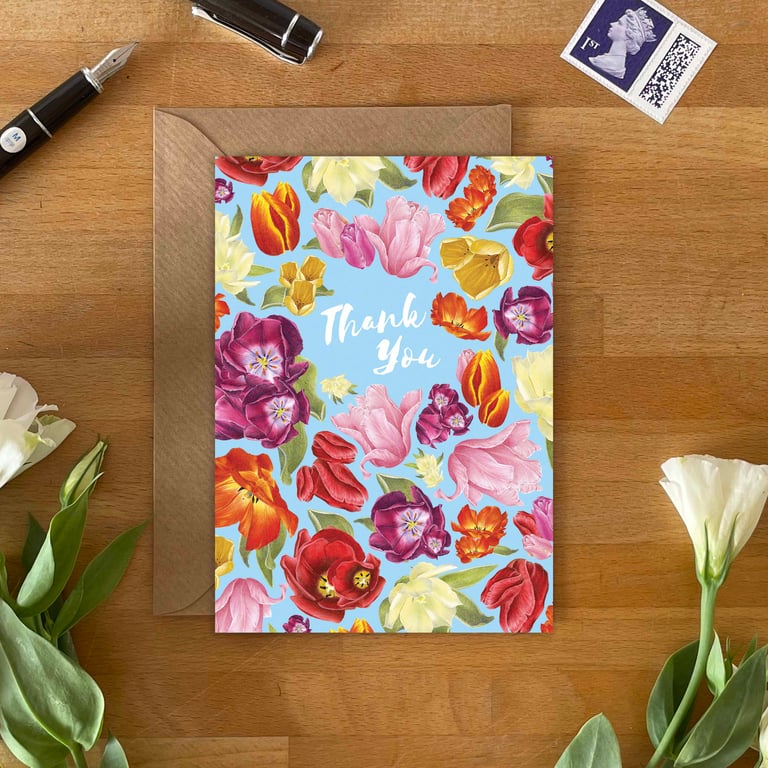 Thank You Tulip Card – Hand-Drawn Design, Blank Inside with Kraft Envelope