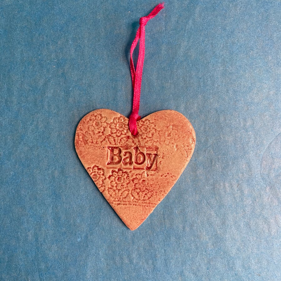 Baby, red hanging pottery decorative heart, gift wrap decoration - free postage