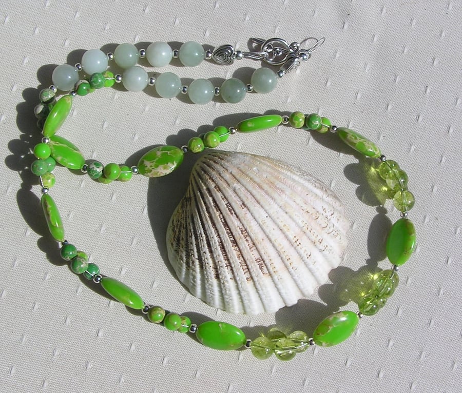 Green Sea Sediment Jasper, Peridot & Green Jade Gemstone Beaded Chakra Necklace