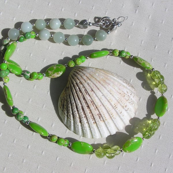 Green Sea Sediment Jasper, Peridot & Green Jade Gemstone Beaded Chakra Necklace