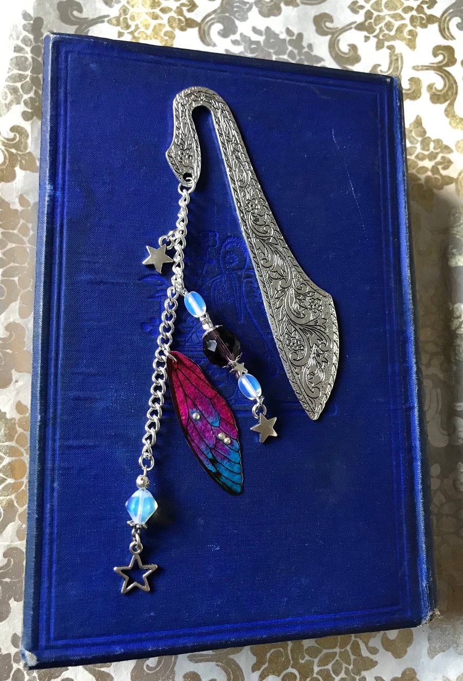 RESERVED FOR JULIE Fairy Wing Beaded Ornate Bookmark and Velvet Pouch