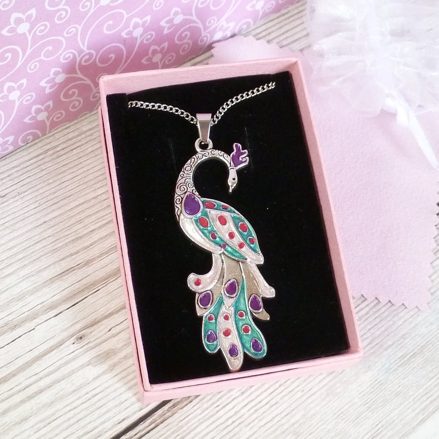Pink peacock pendant, pretty pink necklace with silver peacock charm