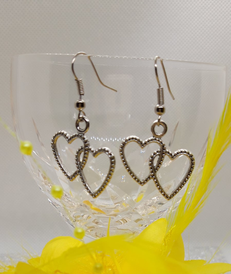 Double heart Tibetan Silver drop earrings 