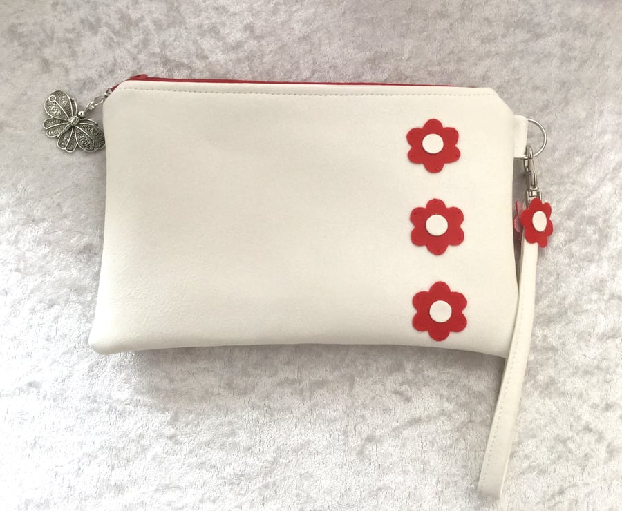 White Faux Leather Clutch Bag With Red Flower Design FREE P&P