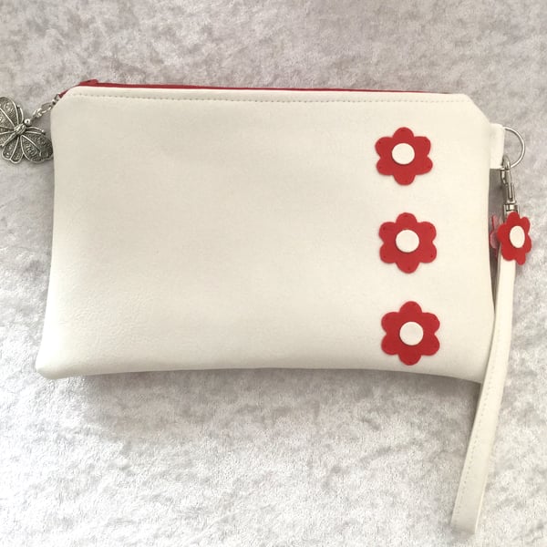 White Faux Leather Clutch Bag With Red Flower Design FREE P&P