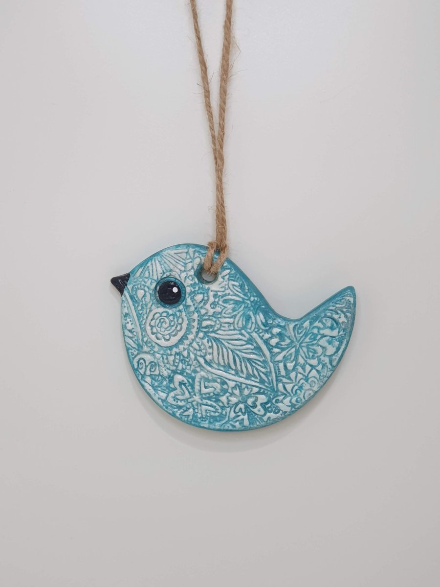 Bird decoration, clay hanging decoration, pale blue,  pretty gift for her 