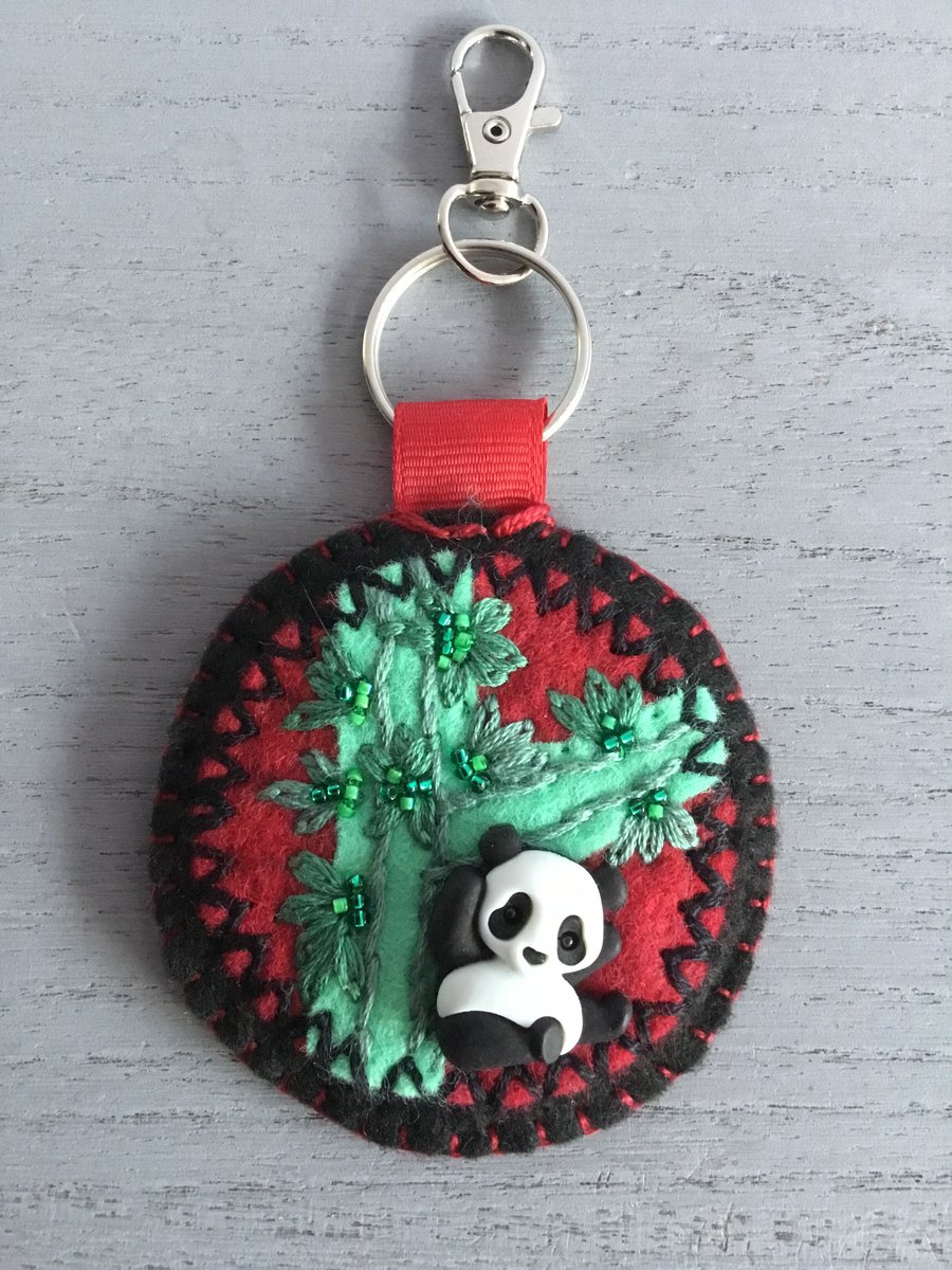 Hand Embroidered Panda Keyring or Bag Charm 