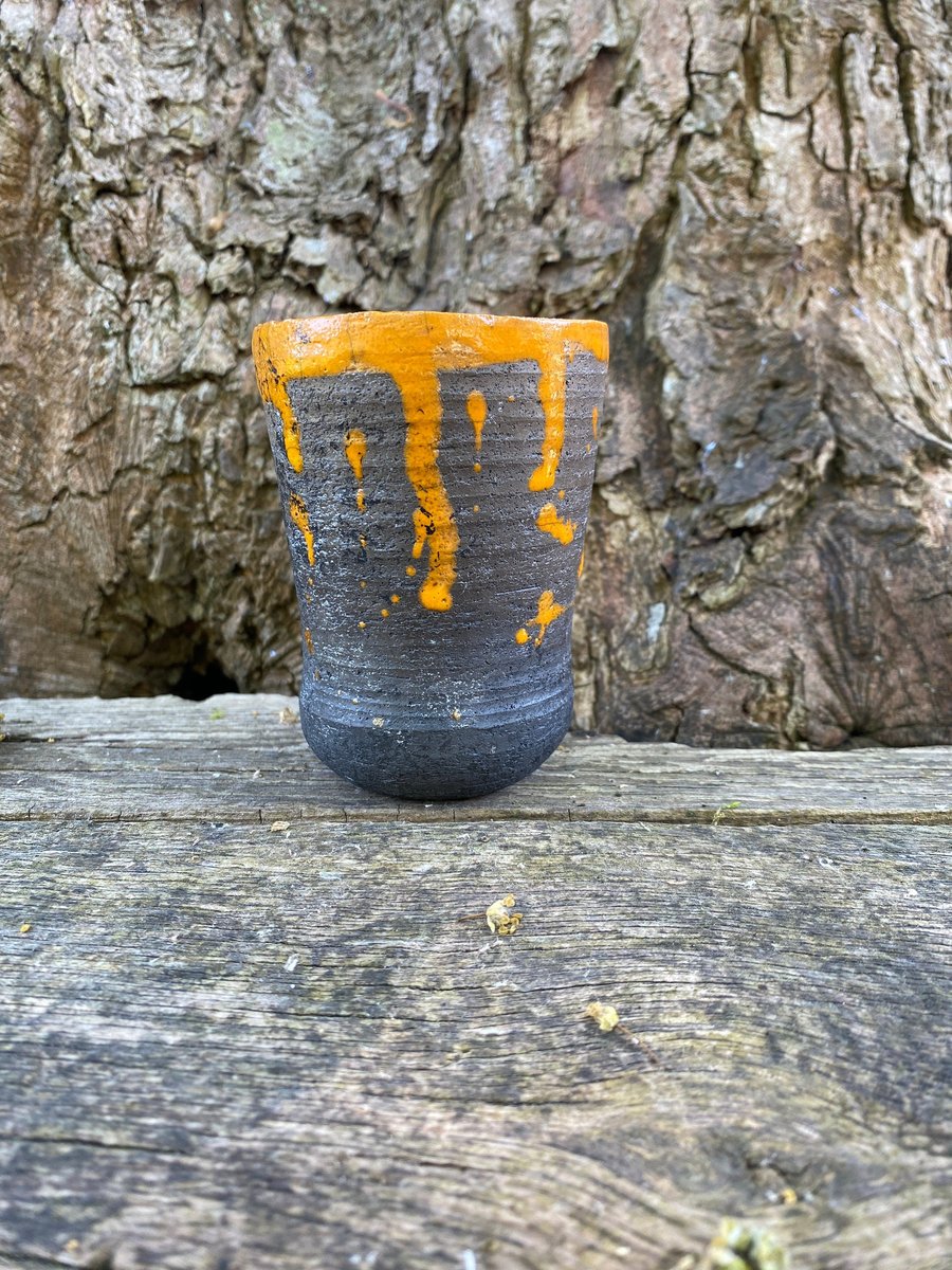 raku decorative ceramic pot, orange and black 860