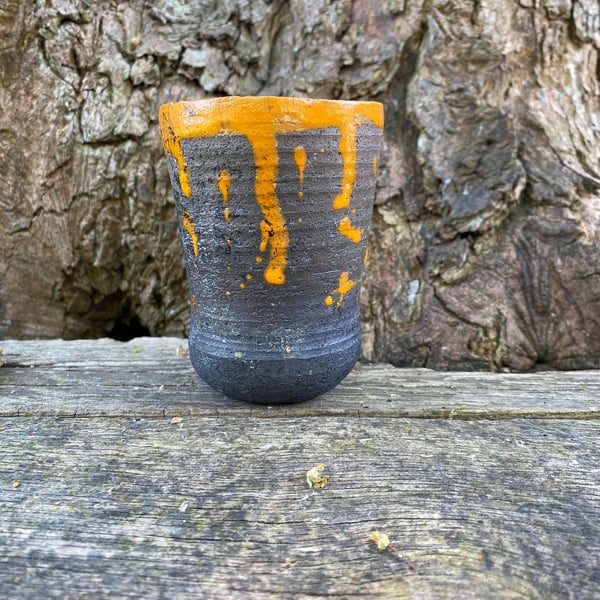 raku decorative ceramic pot, orange and black 860