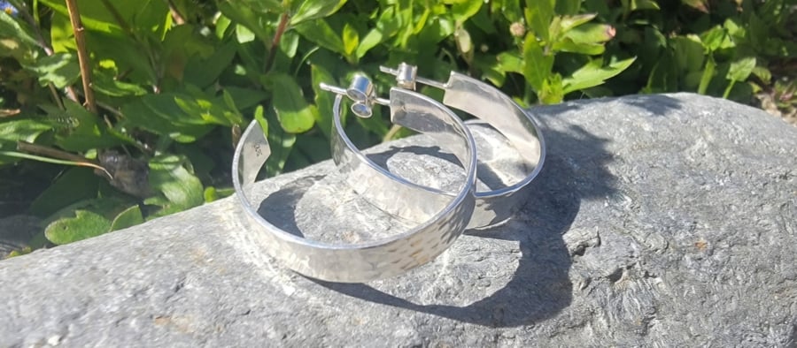 Sterling silver large flat hammered hoops 