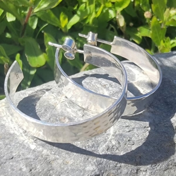 Sterling silver large flat hammered hoops 