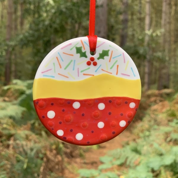Hand painted Ceramic Christmas Trifle Hanging Decoration, Xmas Hanger