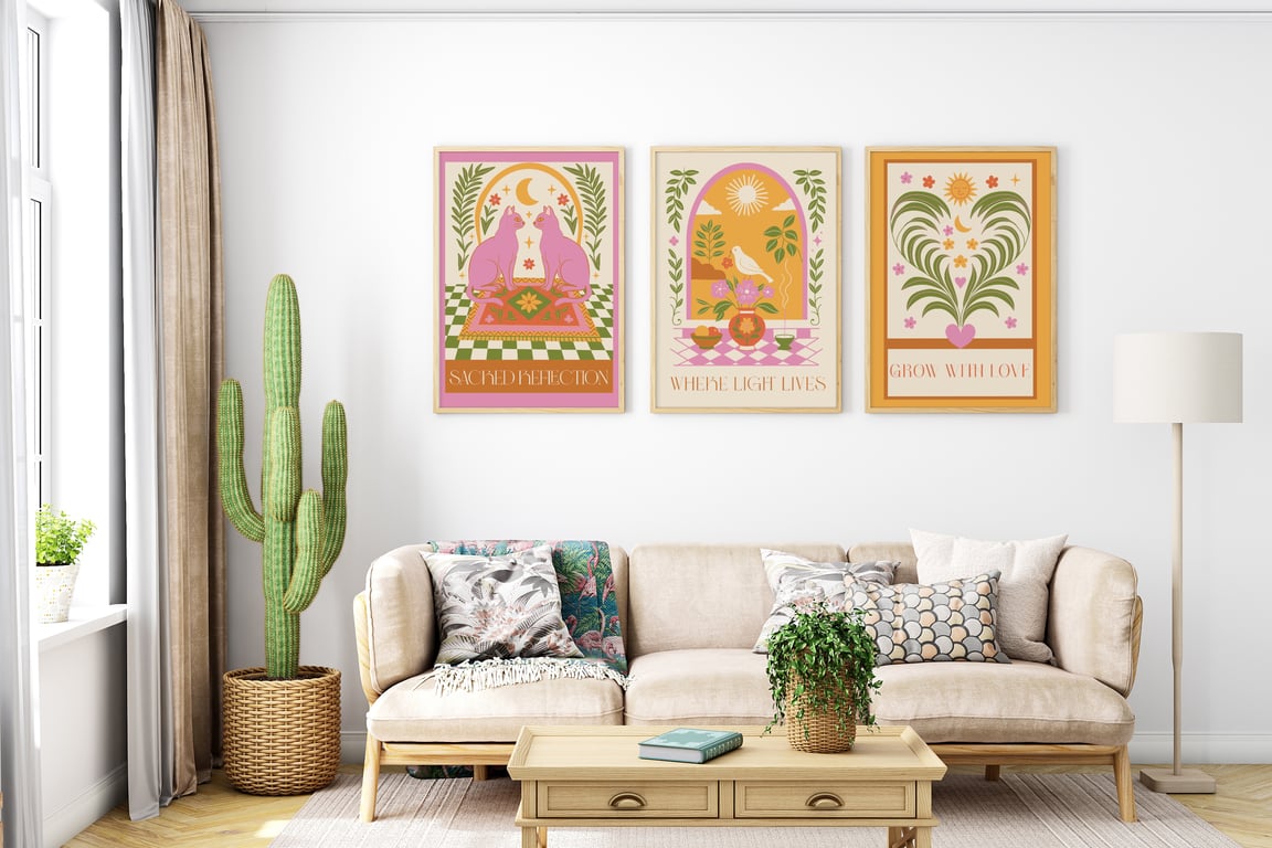 Cats Cosy Boho Dopamine Wall Art Prints  Quoted Home Decor set of 3