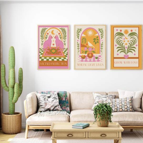 Cats Cosy Boho Dopamine Wall Art Prints  Quoted Home Decor set of 3