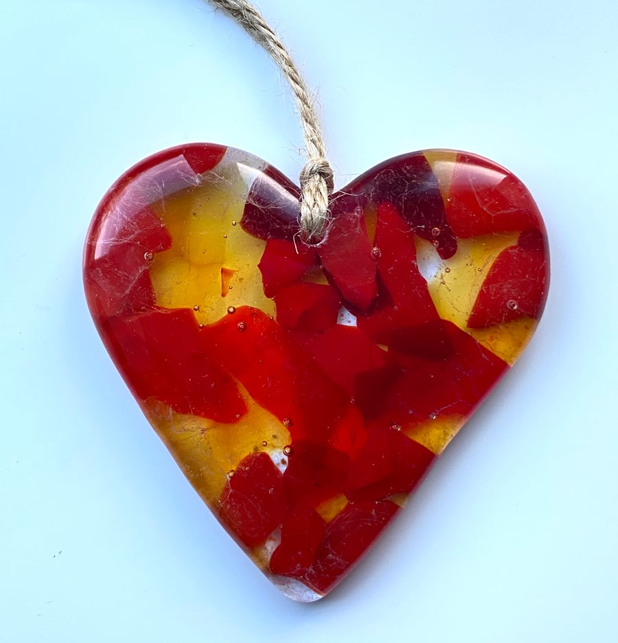 Fused glass hanging heart -red and gold glass heart