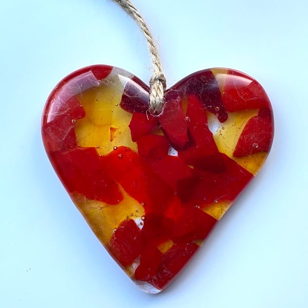 Fused glass hanging heart -red and gold glass heart