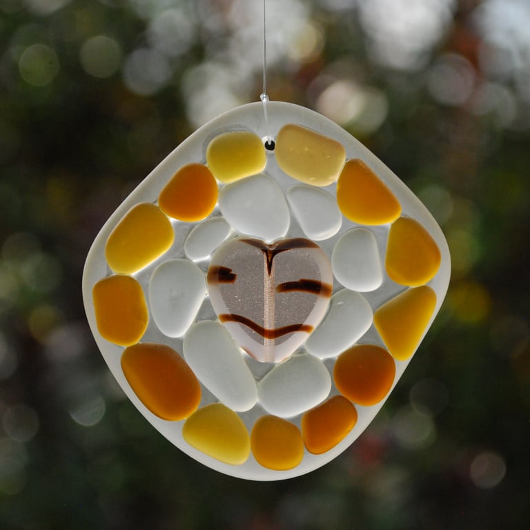 Beach glass sun catcher with pink heart