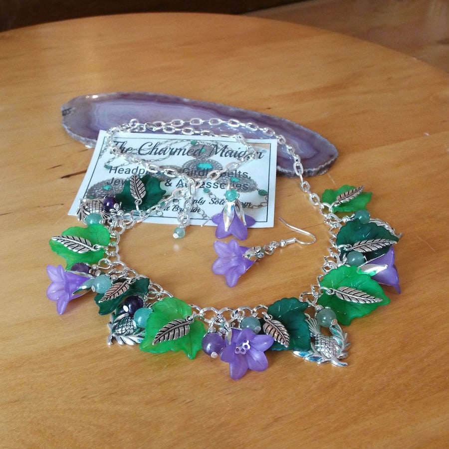 Purple Flower Scottish Thistle Necklace, Amethyst & Aventurine, Lucite Jewellery