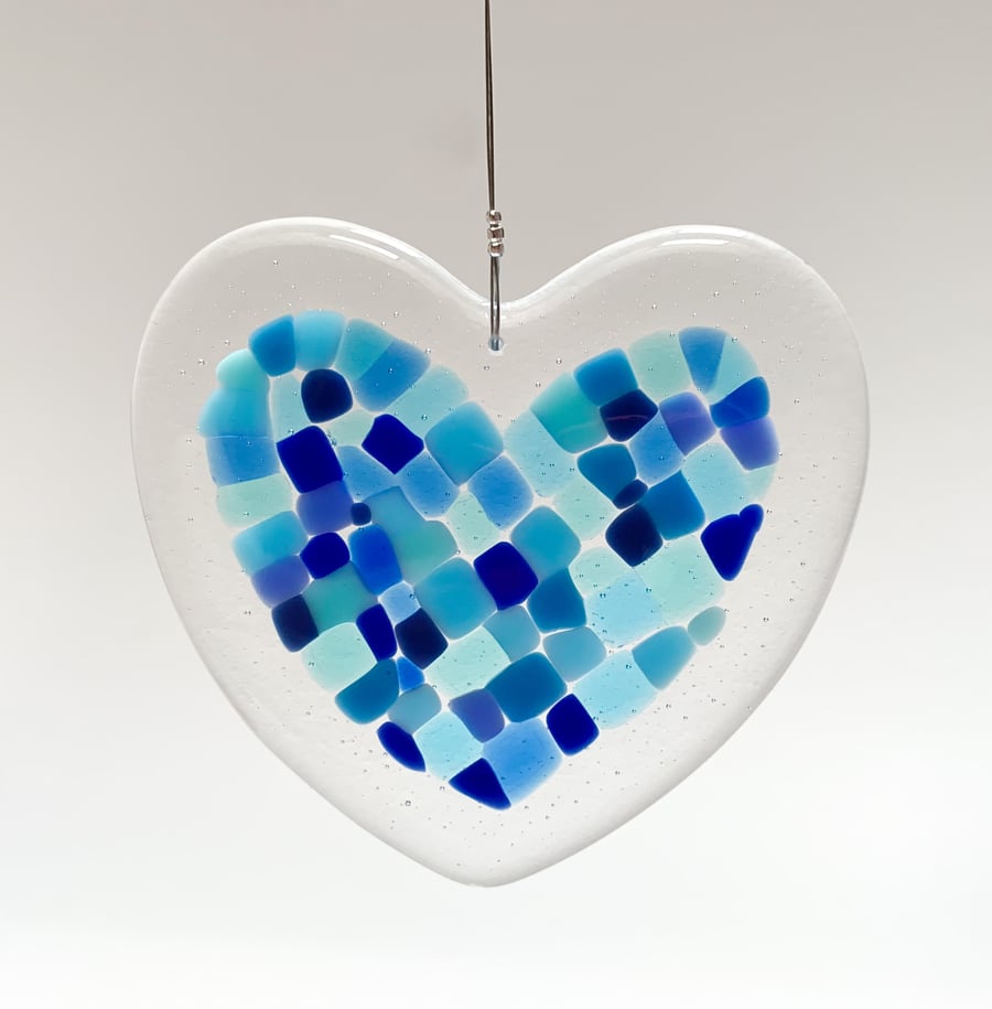 Fused Glass Heart Hanging (Blues) - Handmade Glass Decoration